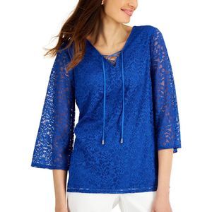 Jm Collection Womens Womens Lace-Up Lace Top, Blue, Size Large
